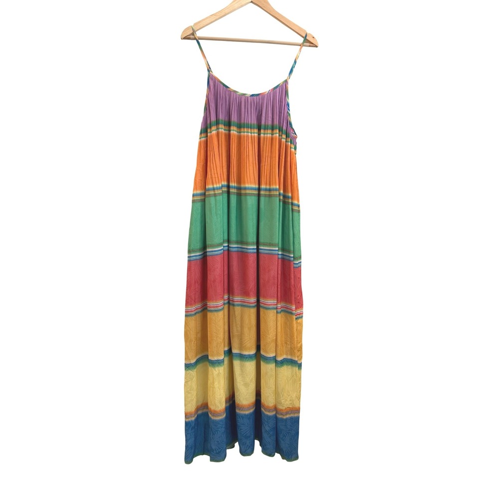 Current Air Color Blocking Pletated Cami Maxi Dress Rainbow Tropical Large